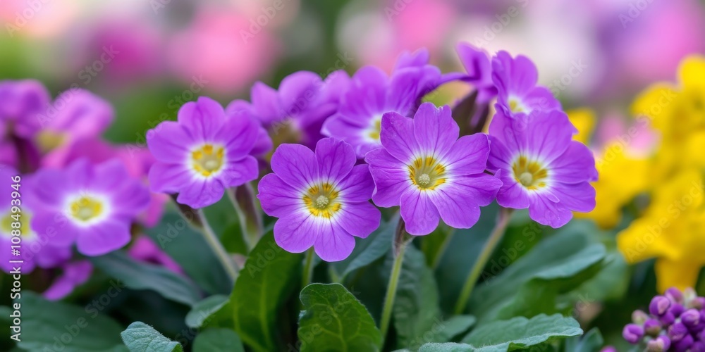 Purple flower of Primula denticulata, commonly known as drumstick primrose, blooms vibrantly in a spring garden, creating a beautiful background filled with colorful flowers. Purple flower of Primula denticulata, commonly known as drumstick primrose, blooms vibrantly in a spring garden, creating a beautiful background filled with colorful flowers.