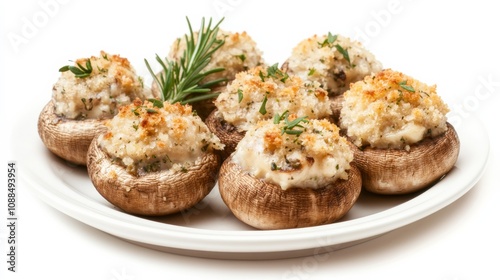 A plate of gourmet stuffed mushrooms with a filling of cream cheese, garlic, herbs