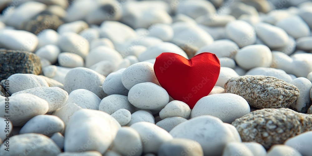 Obraz premium Red paper heart rests on a bed of white rocks, creating a striking contrast. The vibrant red paper heart stands out against the serene white rocks, symbolizing love and creativity.