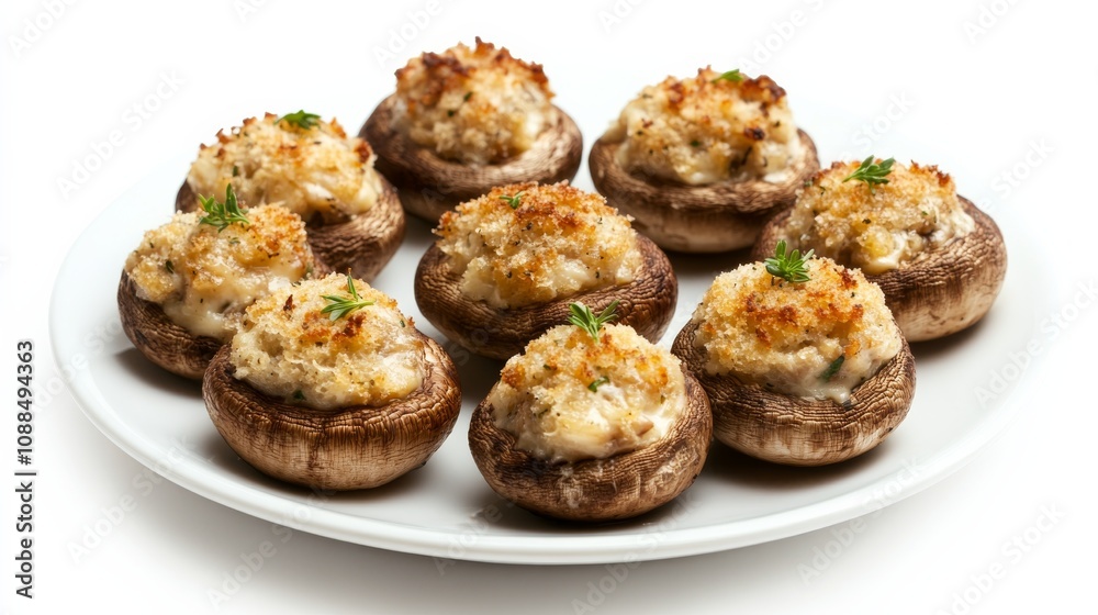 A plate of gourmet stuffed mushrooms with a filling of cream cheese, garlic, herbs A plate of gourmet stuffed mushrooms with a filling of cream cheese, garlic, herbs