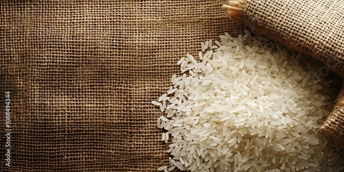 Delicious rice placed on a textured sackcloth background, showcasing the natural beauty of rice. This image highlights the rice s freshness against the rustic sackcloth backdrop. photo