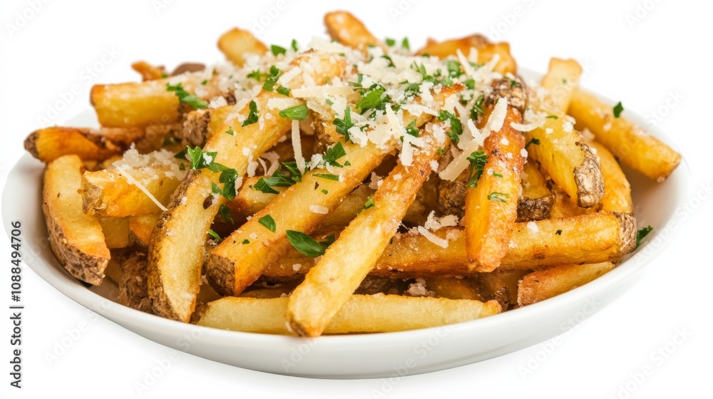 A plate of gourmet truffle fries sprinkled with parmesan cheese and fresh herbs, Each fry crispy and seasoned to perfection, Set against an isolated white background to highlight its indulgent flavor A plate of gourmet truffle fries sprinkled with parmesan cheese and fresh herbs, Each fry crispy and seasoned to perfection, Set against an isolated white background to highlight its indulgent flavor