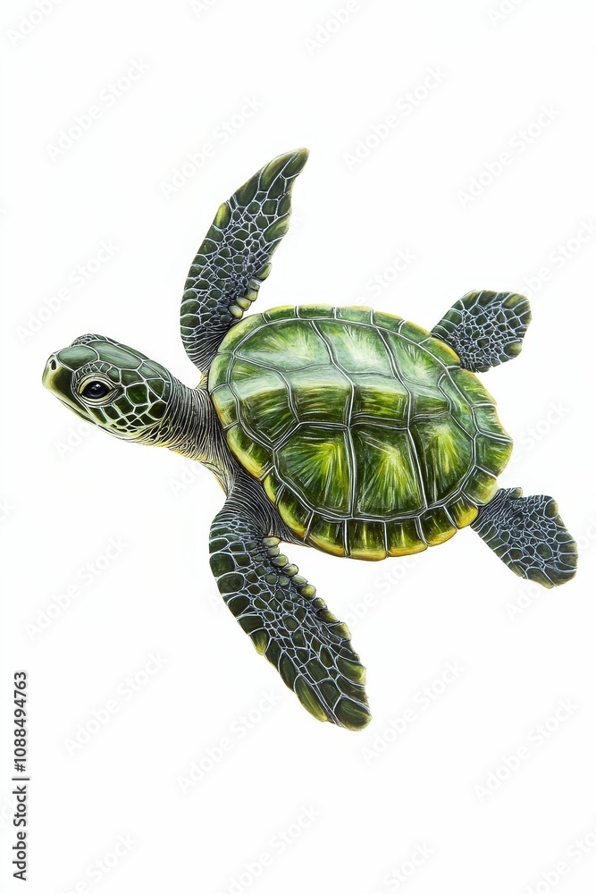 Fototapeta premium Green sea turtle swimming on white background.