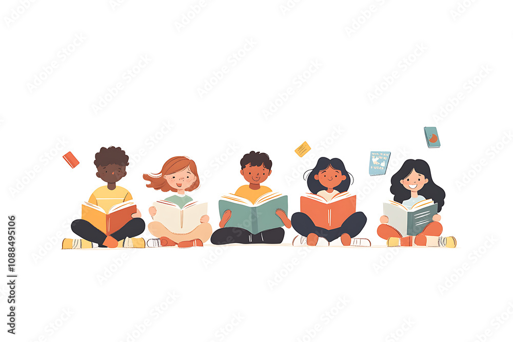 Five children reading books together, promoting literacy and education. Five children reading books together, promoting literacy and education.