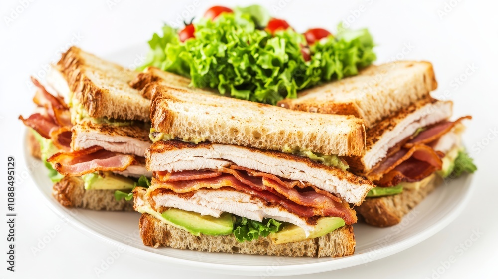 A plate of gourmet turkey avocado club sandwiches with sliced turkey breast, avocado, crispy bacon A plate of gourmet turkey avocado club sandwiches with sliced turkey breast, avocado, crispy bacon