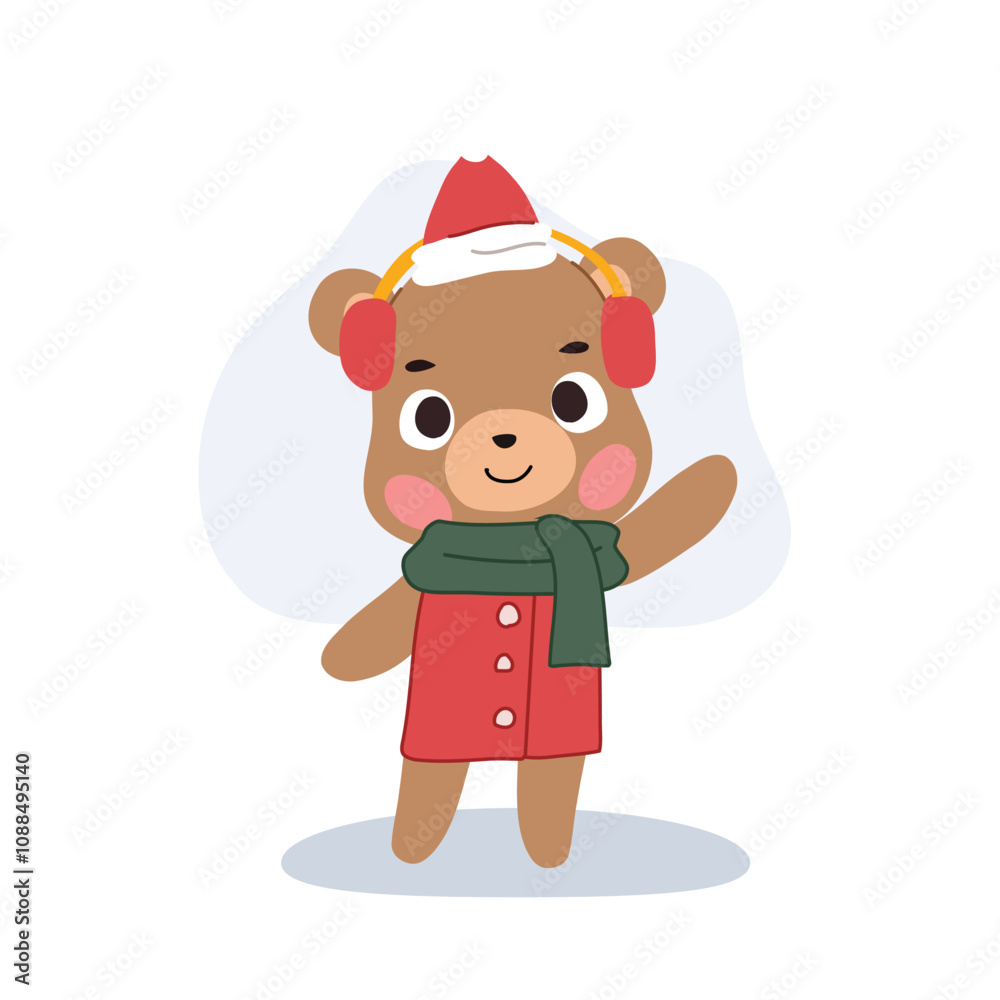 Adorable cartoon bear dressed in a cozy Christmas themed winter outfit Adorable cartoon bear dressed in a cozy Christmas themed winter outfit