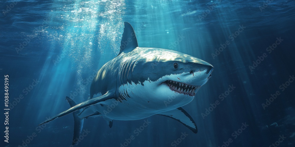 Fototapeta premium Underwater encounter with a Great White Shark, showcasing the majestic beauty and power of the Great White Shark in its natural habitat, highlighting the stunning underwater world.