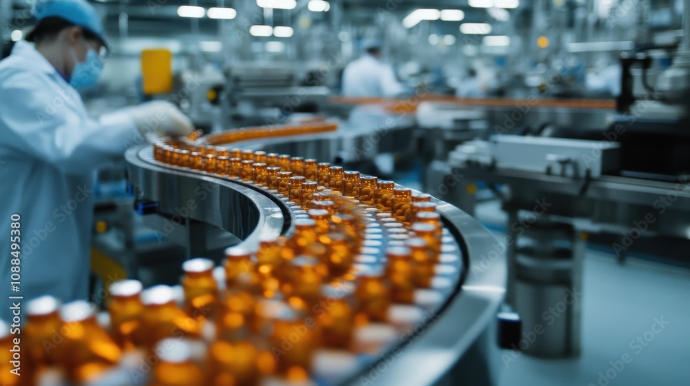 A production line in a pharmaceutical factory with amber bottles on a conveyor belt. A production line in a pharmaceutical factory with amber bottles on a conveyor belt.