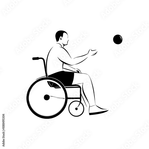 Athlete in wheelchair playing boccia in transparent vector art style, black-line drawing