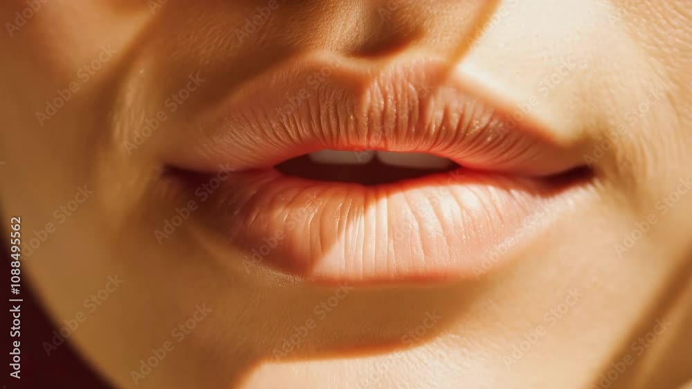 Closeup lip movement expressing intimate emotions in warm lighting Closeup lip movement expressing intimate emotions in warm lighting