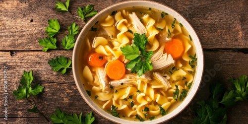 Top down view of a bowl of chicken noodle soup, highlighting the savory ingredients and comforting texture of this beloved chicken noodle soup dish. Perfect for any culinary collection. photo