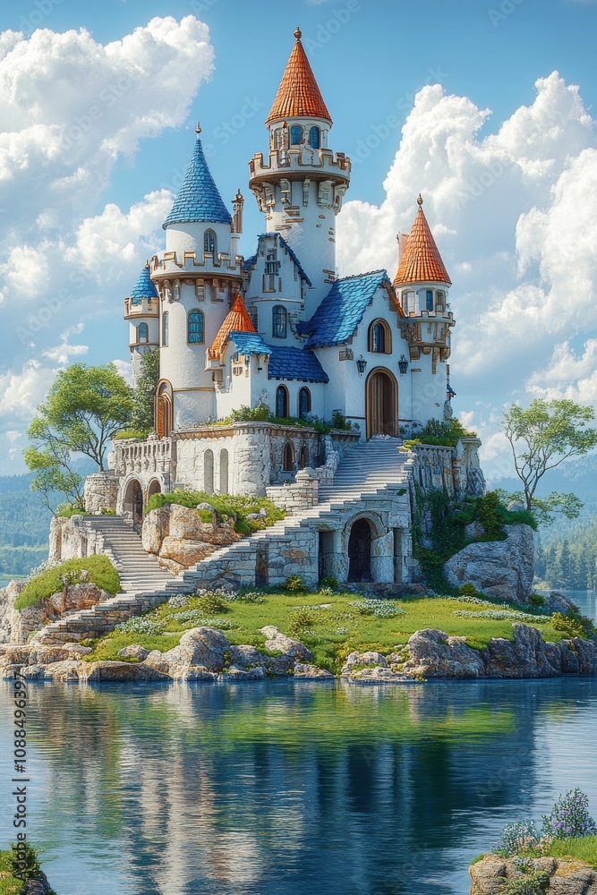 A fairytale castle with white walls, blue and orange roofs stands on a small island in a lake. A fairytale castle with white walls, blue and orange roofs stands on a small island in a lake.