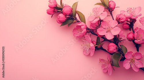 A close-up view of a pink flowering branch, on a pale pink background.