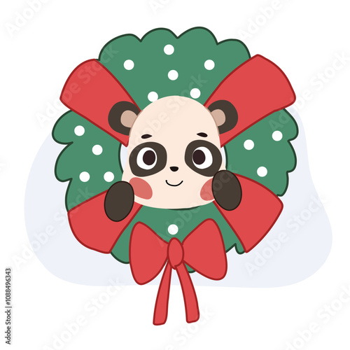 Adorable kawaii bear nestled in a Christmas wreath, showcasing a cheerful holiday spirit.