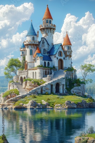 A fairytale castle with white walls, blue and orange roofs stands on a small island in a lake.