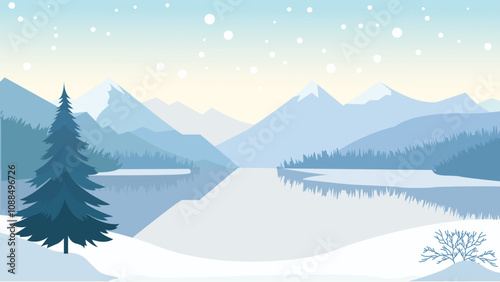 Winter Snow Mountain Nature Landscape with River in Bright Sky