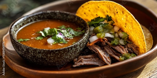 Handheld birria taco immersed in a savory side of consomme, showcasing the deliciousness of birria tacos paired perfectly with flavorful consomme for an unforgettable taste experience.