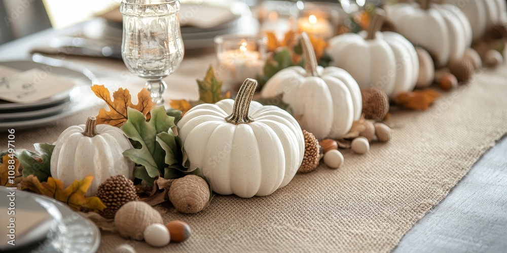 Thanksgiving Day or Halloween table setting featuring mini white pumpkins, soft Lamb s Ears leaves, and acorns arranged elegantly over a burlap table runner for a festive atmosphere. Thanksgiving Day or Halloween table setting featuring mini white pumpkins, soft Lamb s Ears leaves, and acorns arranged elegantly over a burlap table runner for a festive atmosphere.