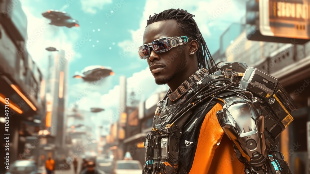 Cyberpunk Cityscape: A futuristic urban scene with a man wearing advanced technology. Cyberpunk Cityscape: A futuristic urban scene with a man wearing advanced technology.