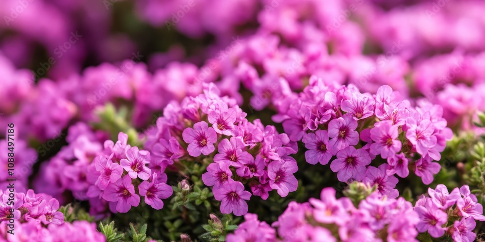 Groundcover Thymus praecox Coccineus displayed in a pot features vibrant pink purple flowers, ideal for catalogs of plants in garden centers or nurseries focused on green space sales. Close up view. Groundcover Thymus praecox Coccineus displayed in a pot features vibrant pink purple flowers, ideal for catalogs of plants in garden centers or nurseries focused on green space sales. Close up view.