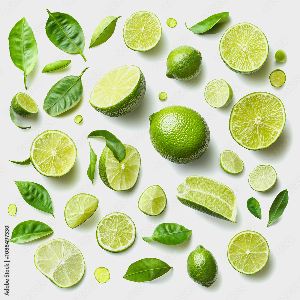Fresh and Vibrant Lime and Citrus Composition with Green Leaves and Slices on a Clean Background, Perfect for Culinary and Health-Related Themes Fresh and Vibrant Lime and Citrus Composition with Green Leaves and Slices on a Clean Background, Perfect for Culinary and Health-Related Themes