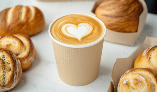 Coffee barista and bakery. Minimalist latte preparation with heart design and fresh pastries