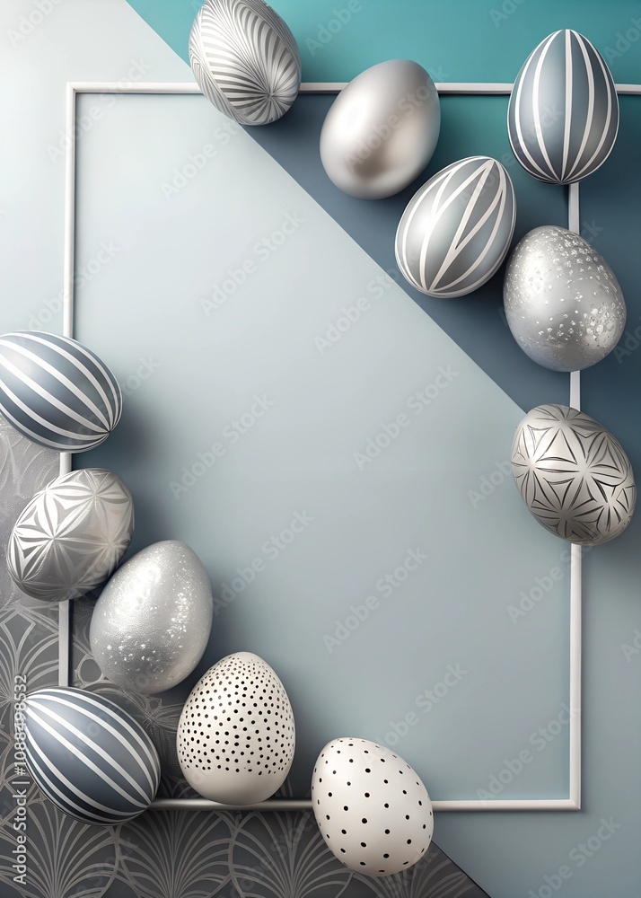 Fototapeta premium Minimalist Easter eggs in silver tones on gray background.