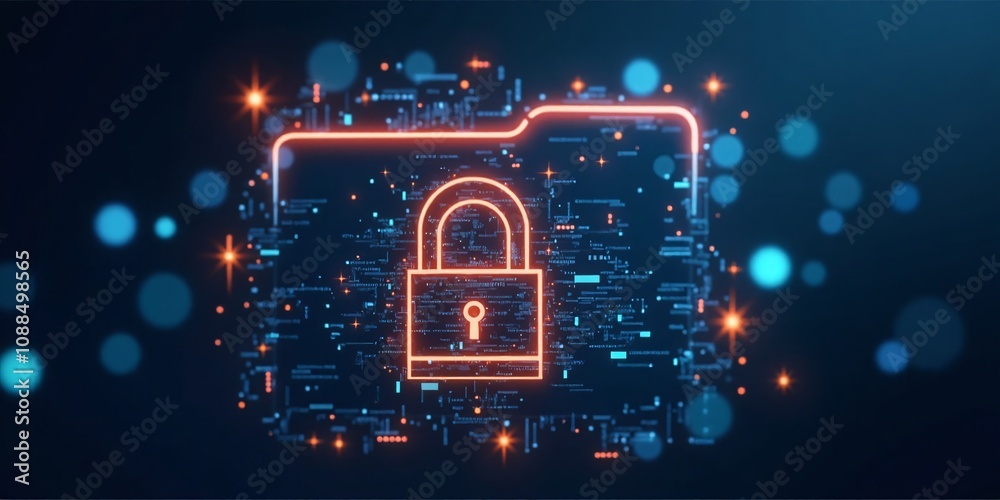 Cybersecurity, Locked Folder Symbolizing Data Protection, A folder icon with a lock and glowing lines representing digital security, with copy space. Cybersecurity, Locked Folder Symbolizing Data Protection, A folder icon with a lock and glowing lines representing digital security, with copy space.