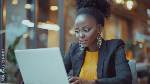 Fototapeta Naklejka Na Ścianę i Meble -  Busy African business woman using laptop working in corporate office. Young businesswoman corporate executive at work, professional female company HR or bank manager looking at computer