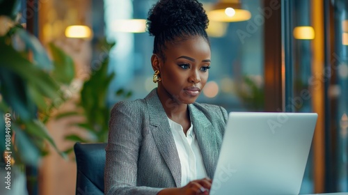 Fototapeta Naklejka Na Ścianę i Meble -  Busy African business woman using laptop working in corporate office. Young businesswoman corporate executive at work, professional female company HR or bank manager looking at computer
