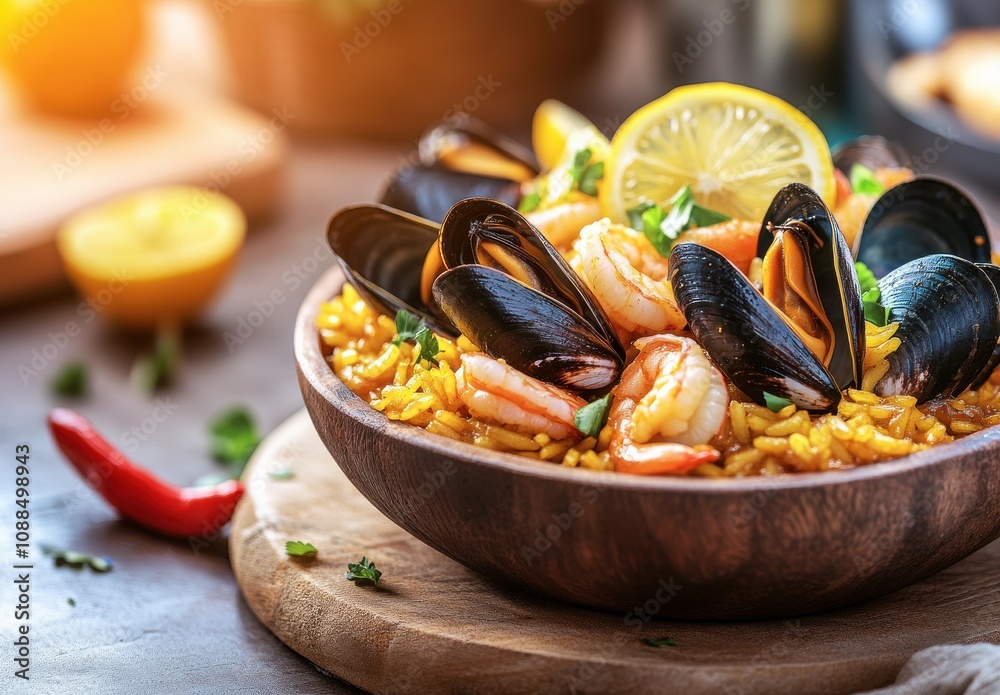 Colorful Seafood Paella with Shrimp, Mussels, and Fresh Lemon Slices on a Wooden Table Surrounded by Ingredients and Garnishes Colorful Seafood Paella with Shrimp, Mussels, and Fresh Lemon Slices on a Wooden Table Surrounded by Ingredients and Garnishes
