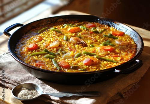 Colorful Seafood Paella with Fresh Vegetables in a Black Pan on a Wooden Table, Sunlight Streaming Through a Window, Comforting and Appetizing Dish