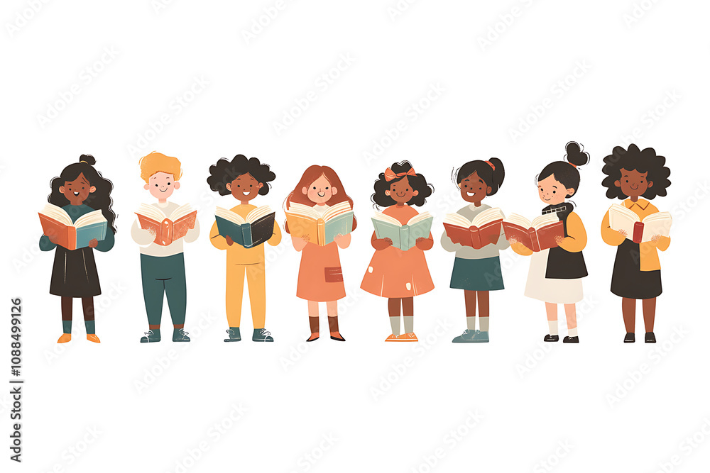 Obraz premium A diverse group of children joyfully reading books together.