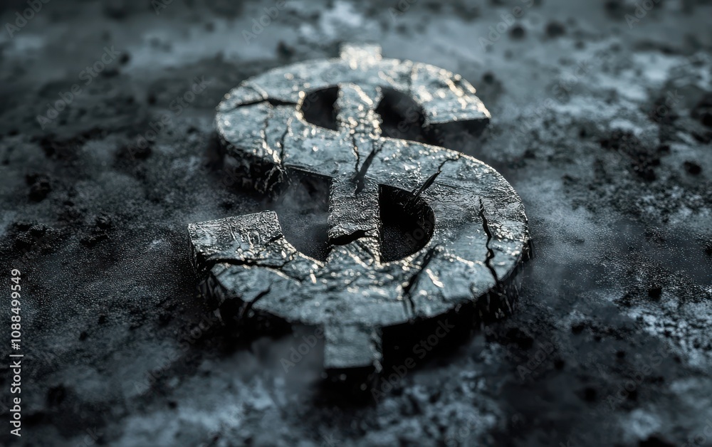 Cracked and Weathered Dollar Sign Symbolizing Economic Challenges and Financial Concerns in a Cold and Uneven Surreal Landscape
