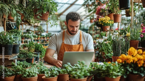 Caucasian man florist using laptop, typing and taking inventory in a plant store. Botanist working, small business owner. Florist working on computer at workplace
