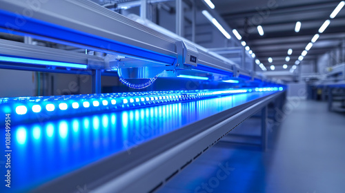 An automated industrial machine for plastic packaging is shown under a light effect, focusing on the automated packaging line for products and food in a light blue scene