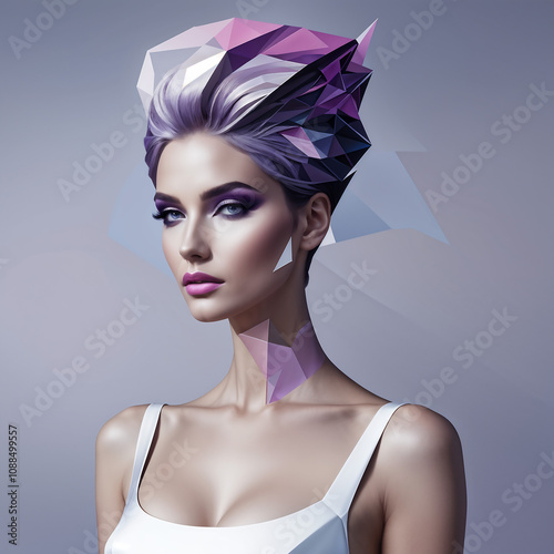 Glamorous portrait of a young woman in high resolution using low poly style elements. Beauty salon poster. photo