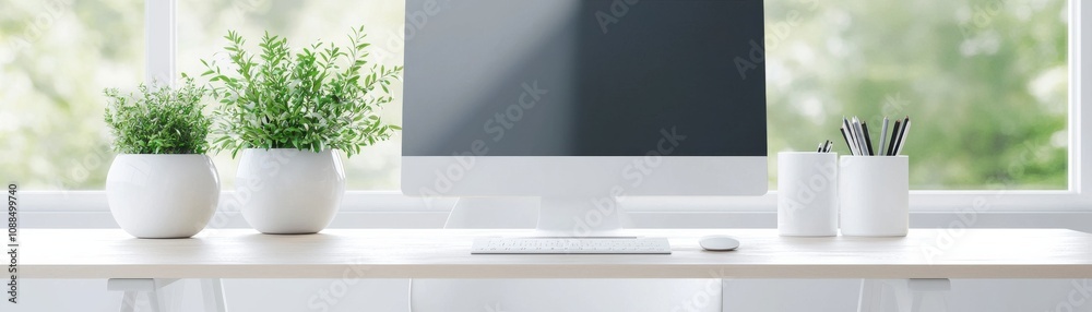 Modern office workspace with computer and green plants on a desk, white background. Modern office workspace with computer and green plants on a desk, white background.