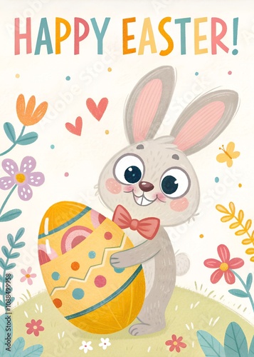 Happy Easter bunny holding decorated egg.
