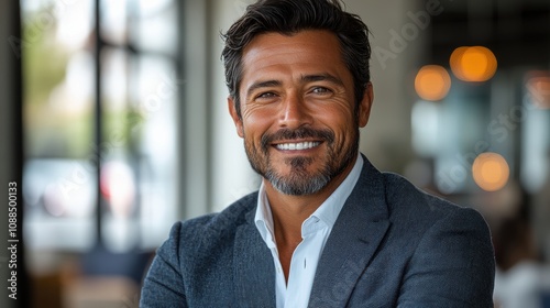 Confident Latin businessman with arms crossed, smiling against a white background.