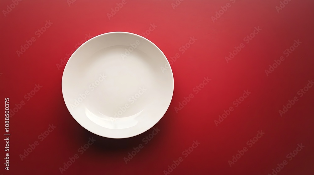 An empty white plate on a red background.