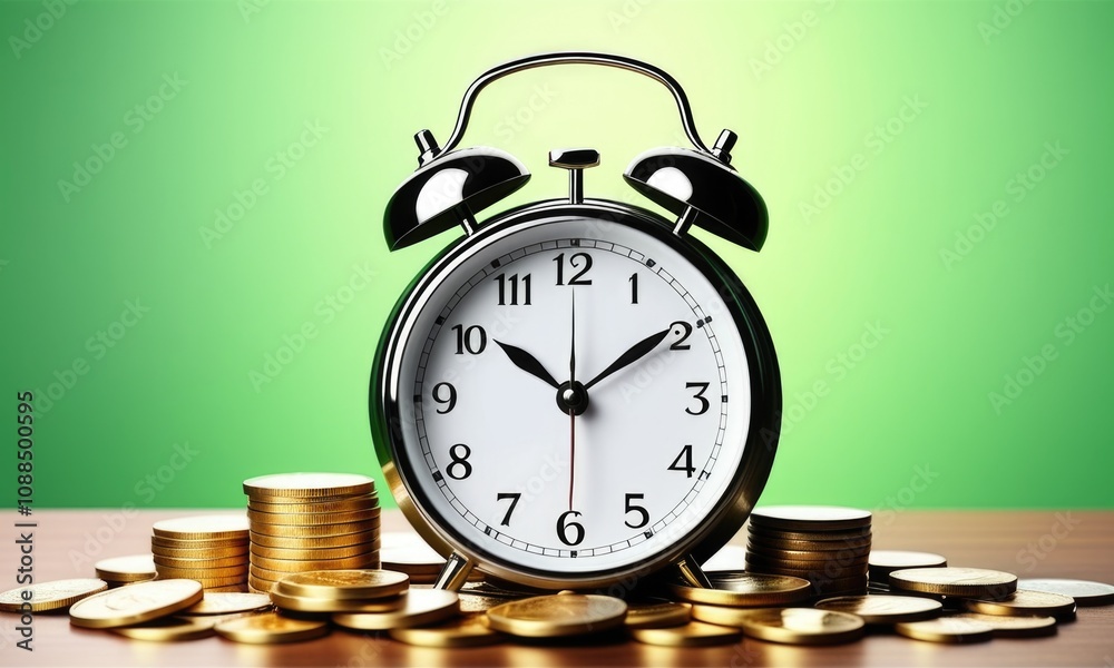Timeless wealth: classic alarm clock and coins against green background Timeless wealth: classic alarm clock and coins against green background