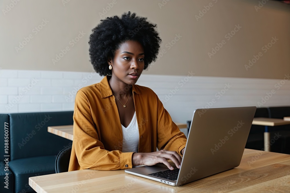 Determined African American Professional Using Laptop in Sleek Minimalist Cafe Determined African American Professional Using Laptop in Sleek Minimalist Cafe