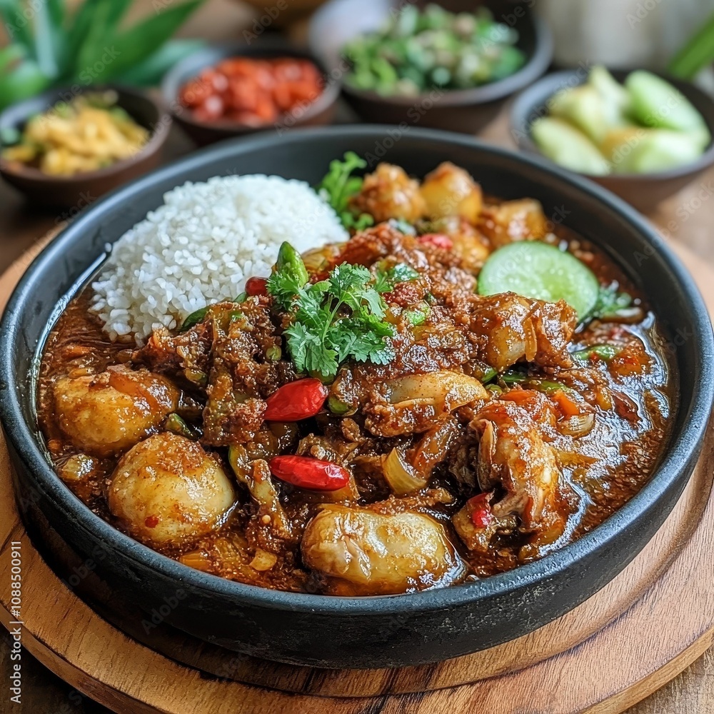 Fototapeta premium Steaming rice with spicy meat and vegetables.