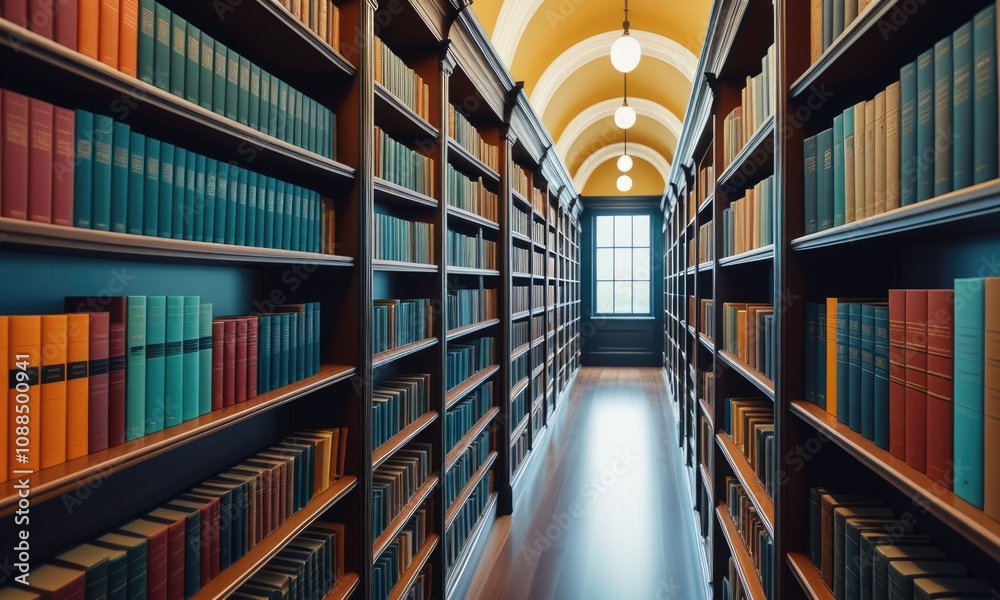 Serene library aisle with arched ceiling and symmetrical bookshelves Serene library aisle with arched ceiling and symmetrical bookshelves