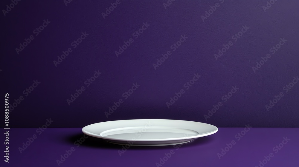 A white plate sits on a purple surface with a purple wall in the background. A white plate sits on a purple surface with a purple wall in the background.
