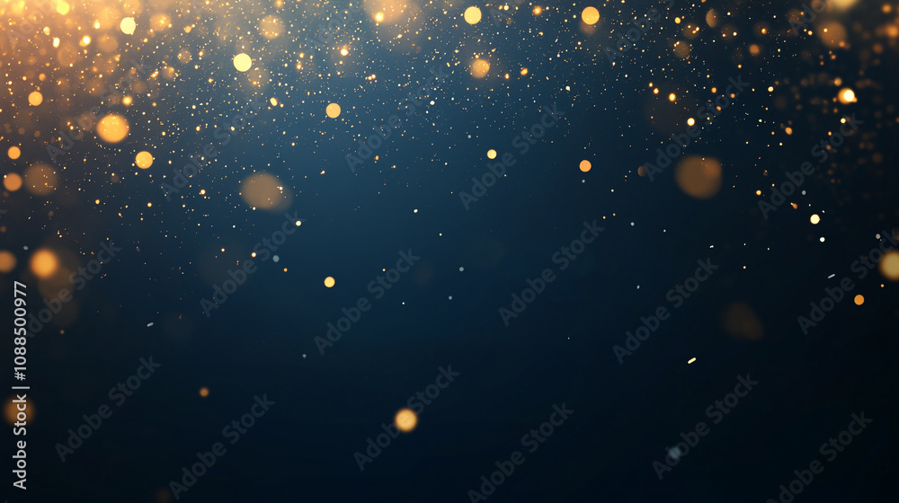 Sparkling golden particles dance in a dark background during a festive celebration Sparkling golden particles dance in a dark background during a festive celebration