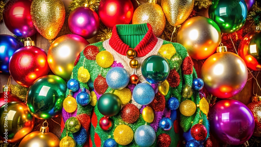 Festive Christmas Sweater Party AI Art - Colorful Balloons, Sequins, Tinsel Festive Christmas Sweater Party AI Art - Colorful Balloons, Sequins, Tinsel