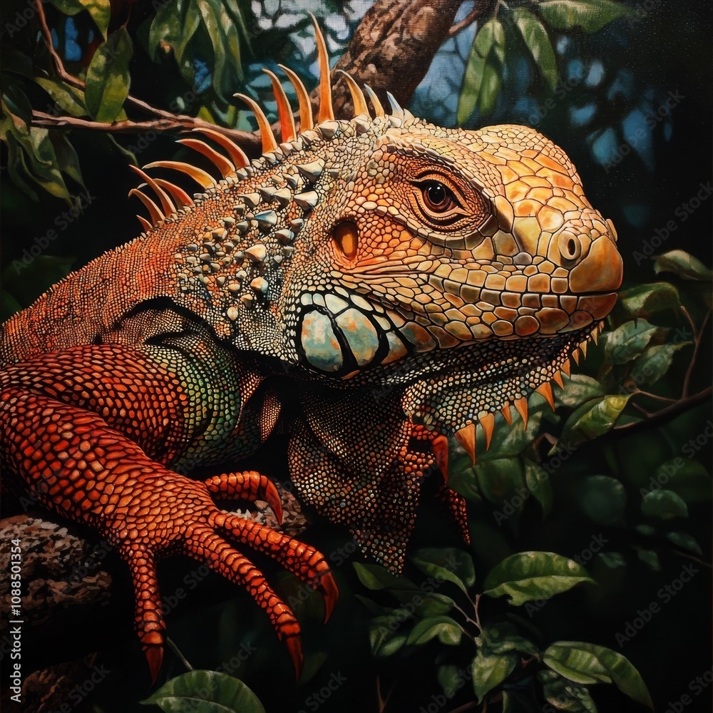 Fototapeta premium A colorful iguana on a green leafy branch.