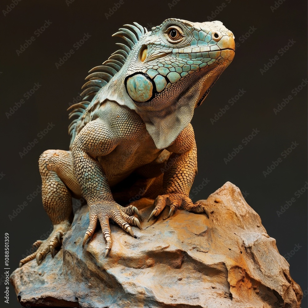 Fototapeta premium A green iguana perched on a rock.